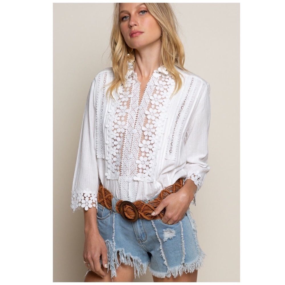 IVORY Floral Lace Mock Neck Blouse Flared Sleeves - Picture 12 of 14